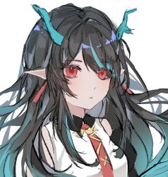 Rule 34 | 1girl, absurdres, arknights, black hair, blue hair, chess04247, closed mouth, collared dress, dragon horns, dress, dusk (arknights), earrings, eyes visible through hair, hair over one eye, highres, horns, jewelry, long hair, multicolored hair, necktie, pointy ears, red eyes, red necktie, simple background, sleeveless, sleeveless dress, solo, streaked hair, upper body, white background, white dress