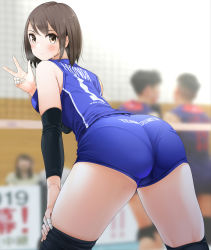 Rule 34 | 1girl, ass, bandaid, bandaid on hand, bent over, blurry, blurry background, brown eyes, brown hair, commentary request, elbow pads, fed (giba), gym shorts, highres, knee pads, looking at viewer, original, pantylines, shirt, short hair, short shorts, shorts, sleeveless, sleeveless shirt, solo focus, sportswear, sweat, thighs, v, volleyball net, volleyball uniform