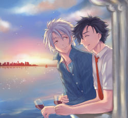 Rule 34 | 2boys, alcohol, alternate costume, bare arms, bird, black hair, blue shirt, cityscape, closed eyes, cloud, cloudy sky, collar, crow armbrust, cup, drinking glass, earrings, eiyuu densetsu, eyelashes, falcom, hair between eyes, holding, holding drinking glass, jewelry, looking at another, male focus, multiple boys, multiple earrings, necklace, necktie, outdoors, parted lips, rean schwarzer, red eyes, red necktie, sen no kiseki, shirt, short hair, sky, smile, spiked hair, striped clothes, striped shirt, teeth, tisiphone (artist), water, white hair, white shirt, wine, wine glass, wing collar