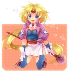 Rule 34 | 1990s (style), 1girl, :d, blonde hair, blue eyes, blue thighhighs, circlet, detached collar, full body, gloves, haou taikei ryuu knight, jacket, kneeling, long hair, looking at viewer, open mouth, paffy pafuricia, retro artstyle, shoes, shooting428star, skirt, smile, solo, star (symbol), thighhighs, wand, white gloves, white skirt