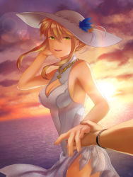 Rule 34 | 1girl, ahoge, artoria pendragon (all), artoria pendragon (fate), artoria pendragon (swimsuit ruler) (fate), artoria pendragon (swimsuit ruler) (second ascension) (fate), bare shoulders, blonde hair, bracelet, braid, breast cutout, breasts, cleavage, cloud, cloudy sky, commentary request, cowboy shot, dusk, fate/grand order, fate (series), green eyes, hair bun, hat, highres, holding hands, jewelry, kankitsurui (house of citrus), leotard, looking at viewer, medium breasts, necklace, ocean, open mouth, outdoors, pov, sideboob, single hair bun, sky, sleeveless, teeth, tongue, water, watermark, white headwear, white leotard