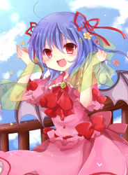 Rule 34 | 1girl, 3535carrot, ahoge, ascot, bad id, bad pixiv id, bat wings, blouse, blue hair, blue sky, blush, bow, brooch, cloud, day, fang, female focus, flower, hair ribbon, hands up, jewelry, looking at viewer, no headwear, no headwear, open mouth, petals, puffy short sleeves, puffy sleeves, railing, red eyes, remilia scarlet, ribbon, shawl, shirt, short hair, short sleeves, skirt, sky, solo, touhou, uguisu mochi (ykss35), wings