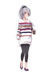 Rule 34 | 1girl, absurdres, casual, coffee, fate/grand order, fate (series), full body, hair between eyes, hane yuki, highres, jewelry, necklace, ponytail, red eyes, silver hair, simple background, solo, tomoe gozen (fate), v-neck, white background