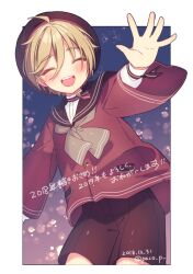 Rule 34 | 1boy, 2018, blonde hair, blush, border, brown sailor collar, brown shorts, closed eyes, dated, ensemble stars!, facing viewer, heart, jacket, long sleeves, male focus, mashiro tomoya, multicolored background, open mouth, pink background, purple background, red jacket, rinndouk, sailor collar, shirt, shorts, solo, translation request, twitter username, white border, white shirt