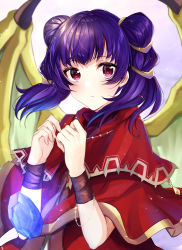 Rule 34 | 1girl, blurry, blurry background, blush, capelet, closed mouth, commentary request, crystal, depth of field, double bun, dragon wings, dragonstone, fire emblem, fire emblem: the sacred stones, glowing, green wings, hair bun, hands up, highres, jacket, looking at viewer, myrrh (fire emblem), nintendo, purple hair, red capelet, red eyes, red jacket, satoimo chika, solo, twintails, upper body, wings