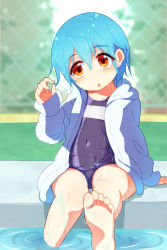 Rule 34 | 1boy, :o, atamae (nerocaoss), barefoot, blue hair, blush, child, eyebrows, feet, highres, male focus, one-piece swimsuit, open mouth, sitting, solo, swimsuit, water, wet