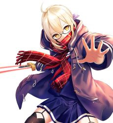 Rule 34 | 1girl, ahoge, artoria pendragon (all), artoria pendragon (fate), black thighhighs, blonde hair, braid, checkered clothes, checkered scarf, coat, covered mouth, duffel coat, excalibur (fate/stay night), fate/grand order, fate (series), garter straps, glasses, hair between eyes, highres, holding, holding sword, holding weapon, infinote, jacket, looking at viewer, mysterious heroine x alter (fate), mysterious heroine x alter (first ascension) (fate), outstretched hand, plaid, plaid scarf, red scarf, saber (fate), scarf, school uniform, semi-rimless eyewear, serafuku, simple background, solo, sword, thighhighs, under-rim eyewear, weapon, white background, yellow eyes