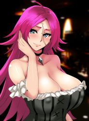 Rule 34 | 10s, 1girl, ahoge, bare shoulders, blue eyes, blurry, blush, breasts, choker, cleavage, depth of field, dress, fate/extra, fate (series), francis drake (fate), frills, highres, huge breasts, lips, long hair, nib pen (medium), nipples, pink hair, scar, solo, traditional media