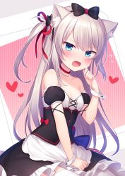 Rule 34 | 1girl, amane kurumi, animal ear fluff, animal ears, apron, azur lane, bare shoulders, black bow, black dress, black sleeves, blush, bow, breasts, cat ears, cat hair ornament, collarbone, commentary request, detached sleeves, dress, flying sweatdrops, frilled dress, frills, hair between eyes, hair bow, hair ornament, hair ribbon, hammann (azur lane), hand up, heart, long hair, looking at viewer, one side up, open mouth, puffy short sleeves, puffy sleeves, red ribbon, remodel (azur lane), ribbon, short sleeves, silver hair, sitting, small breasts, solo, strapless, strapless dress, striped, striped background, thighhighs, v-shaped eyebrows, vertical stripes, very long hair, waist apron, white apron, white thighhighs, wrist cuffs