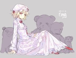 Rule 34 | 1girl, arm support, blonde hair, dated, dress, frills, garnet, hand on own knee, looking at viewer, original, red eyes, short hair, sketch, solo, stuffed animal, stuffed toy, teddy bear