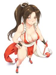 Rule 34 | 1girl, :p, bare shoulders, breasts, brown eyes, brown hair, cleavage, fatal fury, folded fan, folding fan, foreshortening, from above, hand fan, hand on own hip, long hair, no panties, pelvic curtain, ponytail, revealing clothes, shikuta maru, shiranui mai, simple background, snk, solo, standing, tabi, the king of fighters, thighs, tongue, tongue out, white background