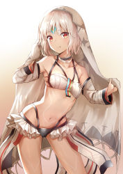 Rule 34 | 1girl, :t, absurdres, altera (fate), bare shoulders, bikini, black bikini, breasts, closed mouth, collar, collarbone, dark-skinned female, dark skin, detached sleeves, facial mark, fate/grand order, fate (series), forehead mark, full-body tattoo, highres, looking at viewer, navel, pout, red eyes, short hair, silver hair, simple background, small breasts, solo, sunhyun, swimsuit, tattoo, veil, white bikini