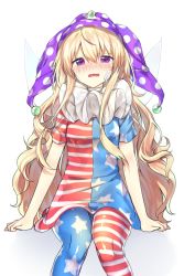Rule 34 | 1girl, ahoge, american flag dress, american flag legwear, bad id, bad twitter id, bandaid, bandaid on face, blonde hair, blush, cheunes, clownpiece, crying, crying with eyes open, dress, fairy wings, hair between eyes, hat, highres, jester cap, long hair, looking at viewer, neck ruff, pantyhose, polka dot headwear, purple eyes, purple hat, short sleeves, sidelocks, simple background, sitting, solo, star (symbol), star print, striped clothes, striped dress, striped pantyhose, tears, touhou, very long hair, wavy hair, white background, wings