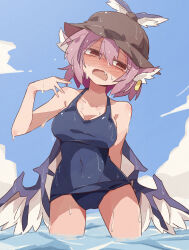 Rule 34 | 1girl, animal ears, bare arms, bare legs, bare shoulders, bird ears, bird wings, blue one-piece swimsuit, blush, breasts, brown eyes, brown hat, commentary request, commission, cowboy shot, earrings, fang, hair between eyes, hat, highres, jewelry, large breasts, minoru minoru, mystia lorelei, one-piece swimsuit, open mouth, pink hair, school swimsuit, short hair, single earring, skeb commission, solo, swimsuit, touhou, wet, white wings, winged hat, wings