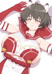 Rule 34 | 1girl, absurdres, animal ears, armpits, bare shoulders, black hair, blue archive, blush, breasts, collarbone, elbow gloves, gloves, grey eyes, hair between eyes, highres, huge breasts, looking at viewer, lying, on back, parted lips, red gloves, red sailor collar, red skirt, rope, sailor collar, short hair, sideboob, skirt, solo, tabard, tsubaki (blue archive), whoosaku