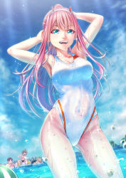 Rule 34 | 10s, 1girl, 3boys, :d, adjusting hair, aqua eyes, armpits, arms up, beach, blue sky, breasts, cleavage, cloud, cloudy sky, collarbone, covered navel, darling in the franxx, day, groin, half-closed eyes, highleg, highleg swimsuit, highres, horns, long hair, medium breasts, multiple boys, ocean, one-piece swimsuit, open mouth, outdoors, pink hair, ponytail, sakumichi, sideboob, sky, smile, swimsuit, teeth, water, wet, white one-piece swimsuit, zero two (darling in the franxx)