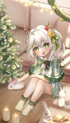 Rule 34 | 1girl, :d, absurdres, antlers, bell, bow, bowtie, box, child, christmas, christmas tree, clover-shaped pupils, deer antlers, dress, full body, genshin impact, gift, gift box, green bow, green bowtie, green eyes, green hair, hair ornament, hasom, highres, horns, knees up, looking at viewer, medium hair, multicolored hair, nahida (genshin impact), one side up, open mouth, plaid capelet, rabbit, sitting, smile, socks, star (symbol), star hair ornament, symbol-shaped pupils, two-tone hair, white dress, white hair, white socks
