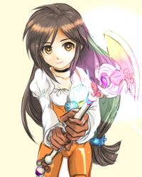 Rule 34 | 1girl, black hair, bodysuit, breasts, brown eyes, choker, closed mouth, final fantasy, final fantasy ix, garnet til alexandros xvii, gloves, highres, jewelry, long hair, looking at viewer, low-tied long hair, necklace, orange bodysuit, sa kichi, simple background, smile, solo, square enix