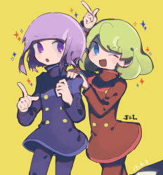 Rule 34 | 1boy, 1girl, blue eyes, bob cut, brother and sister, buttons, dated, double-breasted, elle (puyopuyo), green hair, hand on another&#039;s shoulder, highres, jay (puyopuyo), matching outfits, purple eyes, purple hair, puyopuyo, puyopuyo tetris, siblings, simple background, sparkle, twins, yellow background