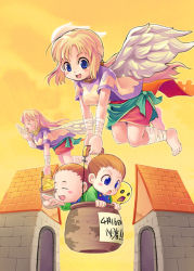 Rule 34 | !, !!, 2boys, 2girls, :d, :o, angel, angel wings, bandaged arm, bandaged leg, bandages, barefoot, blonde hair, blue eyes, blush, brick, brown hair, building, closed eyes, covering own mouth, feathered wings, flying sweatdrops, hand to own mouth, holding, house, kubocha, long hair, looking down, low ponytail, miniskirt, multiple boys, multiple girls, open mouth, original, overalls, parted bangs, pointing, pot, sarong, short hair, skirt, sky, smile, stone wall, storage pot, tears, text focus, turtleneck, v arms, wall, white wings, wide sleeves, wings, yawning, yellow sky