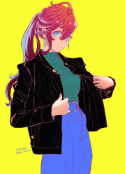 Rule 34 | 1girl, 2022, alternate costume, alternate hair length, alternate hairstyle, artist name, black jacket, blue eyes, blue pants, dated, earrings, expressionless, gundam, gundam suisei no majo, high ponytail, holding, holding clothes, jacket, jewelry, long hair, pants, red hair, simple background, solo, suletta mercury, sweater, very long hair, yellow background, yuri kyanon