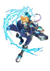 Rule 34 | 1boy, azure striker gunvolt, blaster master zero, boots, braid, electricity, full body, gun, gunvolt, inti creates, long coat, male focus, navel, neon trim, official art, parted lips, pointing, pointing at viewer, simple background, solo, weapon, white background