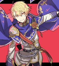 Rule 34 | 1boy, armor, belt, black belt, blonde hair, blue cape, cape, flower, flower brooch, highres, hoshi-toge, jacket, kaitou shinshi no harahara!? white day (project sekai), knight, long sleeves, looking at viewer, male focus, parted lips, prince, project sekai, red flower, red sash, sash, shoulder armor, smile, solo, tenma tsukasa, upper body, white jacket, yellow eyes