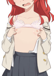 Rule 34 | 1girl, bocchi the rock!, bra, bra lift, breasts, breasts out, female focus, head out of frame, highres, jacket, kita ikuyo, long hair, morisobo, nipples, open clothes, open mouth, open shirt, red hair, school uniform, shirt, simple background, skirt, small breasts, solo, underwear, white background, white bra, white shirt