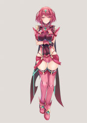 Rule 34 | 1girl, black gloves, blush, breasts, chest jewel, covered navel, earrings, female focus, fingerless gloves, full body, gloves, gluteal fold, inoue takuya (tactactak), jewelry, large breasts, legs together, looking at viewer, pyra (xenoblade), red eyes, red hair, red shorts, red thighhighs, short hair, short shorts, shorts, simple background, skindentation, smile, solo, swept bangs, thigh gap, thighhighs, tiara, xenoblade chronicles (series), xenoblade chronicles 2
