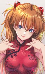 Rule 34 | 1girl, bare arms, bare shoulders, blue eyes, bow, breasts, brown hair, chinese clothes, dress, fingernails, hair between eyes, highres, koya (koya x 00), lips, long hair, looking at viewer, neon genesis evangelion, outdoors, red bow, red dress, smile, solo, souryuu asuka langley, very long hair