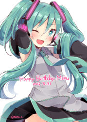 Rule 34 | 10s, 1girl, 2016, aqua eyes, aqua hair, bare shoulders, blush, commentary request, dated, detached sleeves, happy birthday, hatsune miku, headset, long hair, looking at viewer, natsu (natume0504), necktie, one eye closed, open mouth, shirt, skirt, sleeveless, sleeveless shirt, smile, solo, twintails, very long hair, vocaloid