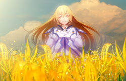 Rule 34 | 1girl, blonde hair, blush, choker, closed eyes, cloud, cloudy sky, colette brunel, dress, field, gloves, grin, hair between eyes, hands on own chest, highres, jewelry, long hair, looking at viewer, open mouth, sky, smile, solo, tales of (series), tales of symphonia, tenryou sena, wind