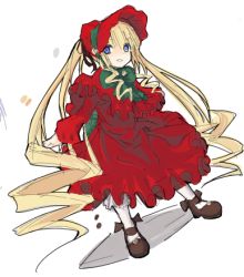 Rule 34 | 00s, 1girl, blonde hair, blush, bonnet, bow, bowtie, closed mouth, dress, drill hair, dutch angle, frills, full body, green bow, green bowtie, legs apart, long hair, looking at viewer, lowres, mary janes, nanami natsuki, pantyhose, red dress, rozen maiden, shinku, shoes, sidelocks, simple background, smile, solo, standing, very long hair, white background, white pantyhose
