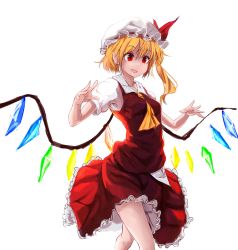 Rule 34 | 1girl, :d, ascot, blonde hair, bloom, cowboy shot, crystal, drooling, flandre scarlet, hat, hat ribbon, highres, looking away, lumo 1121, mob cap, open mouth, puffy short sleeves, puffy sleeves, red eyes, red ribbon, red shirt, red skirt, ribbon, shirt, short sleeves, side ponytail, skirt, skirt set, smile, solo, touhou, untucked shirt, wings