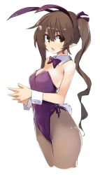 Rule 34 | 1girl, alternate costume, animal ears, bare shoulders, black eyes, bow, bowtie, breasts, brown hair, commentary, cowboy shot, detached collar, fake animal ears, from side, grey pantyhose, hair between eyes, hair ribbon, highleg, highleg leotard, himekaidou hatate, kamukamu (ars), leotard, long hair, looking at viewer, looking to the side, open mouth, pantyhose, playboy bunny, purple bow, purple bowtie, rabbit ears, rabbit tail, ribbon, small breasts, solo, tail, touhou, twintails, wrist cuffs