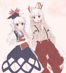 Rule 34 | 2girls, :d, baggy pants, beige shirt, blue dress, blue hair, blue headwear, blunt bangs, bow, clothing cutout, collared dress, collared shirt, d:, dango, dot nose, dress, dutch angle, eating, eye contact, feet out of frame, food, fujiwara no mokou, hair bow, hand in pocket, hand up, hat, hatching (texture), high-waist pants, holding, holding food, holding notebook, itomugi-kun, kamishirasawa keine, light blue hair, linear hatching, long dress, long hair, long sleeves, looking at another, looking to the side, multicolored hair, multiple girls, muted color, notebook, hugging object, ofuda, ofuda on clothes, open mouth, outdoors, pants, parted lips, pink background, puffy long sleeves, puffy pants, puffy short sleeves, puffy sleeves, red eyes, red pants, sanshoku dango, shirt, shirt tucked in, short sleeves, side-by-side, sleeve garter, smile, straight hair, streaked hair, suspenders, tokin hat, touhou, very long hair, wagashi, walking, white bow, white hair, wing collar