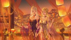 Rule 34 | 2girls, absurdres, artist request, bare shoulders, black dress, blonde hair, blue eyes, building, closed mouth, detached collar, detached sleeves, douluo dalu, dress, dual persona, hair ornament, highres, holding hands, lantern, lantern festival, long hair, multiple girls, orange theme, paper lantern, qian renxue (douluo dalu), railing, second-party source, sky lantern, smile, upper body, white dress, white hair