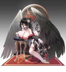 Rule 34 | 1girl, absurdres, alternate costume, barefoot, black hair, black kimono, black wings, blue archive, blush, breasts, bridal gauntlets, cleavage, closed mouth, feathered wings, full body, gun, halo, hasumi (blue archive), highres, japanese clothes, kimono, large breasts, long hair, mole, mole under eye, red eyes, red halo, solo, very long hair, weapon, wings, yarn (yarn 03)