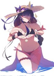 Rule 34 | 1girl, bikini, blush, braid, breasts, cleavage, closed mouth, flower, genshin impact, hair ornament, highres, initialdkirby, large breasts, long hair, looking at viewer, low-braided long hair, low-tied long hair, mole, mole under eye, purple eyes, purple hair, raiden shogun, ribbon, simple background, solo, swimsuit, white background