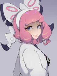 Rule 34 | 1girl, blue eyes, bow, breasts, coat, creatures (company), drill hair, fur coat, game freak, hair bow, hair ornament, half-closed eyes, highres, jacket, klara (pokemon), looking at viewer, looking back, medium breasts, milka (milk4ppl), mole, mole under mouth, nintendo, parted lips, pink hair, pokemon, pokemon swsh, smile, smirk, solo, twin drills, wavy mouth