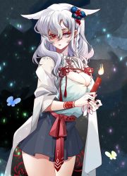 Rule 34 | 1girl, absurdres, animal ears, black nails, blue butterfly, braid, breasts, bug, butterfly, candle, cat ears, cat girl, choker, ganshijiu, grey eyes, half updo, heterochromia, highres, holding, holding candle, insect, large breasts, looking at viewer, nail polish, red eyes, sky: children of the light, solo, tattoo, white hair, yellow butterfly