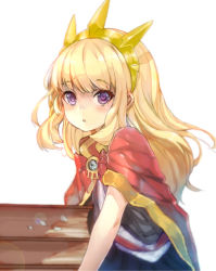 Rule 34 | 10s, 1girl, :o, blonde hair, blurry, blush, book, bow, cagliostro (granblue fantasy), cape, carrying, crown, ganida boushoku, granblue fantasy, hairband, holding, holding book, long hair, looking at viewer, open mouth, purple eyes, simple background, solo, white background
