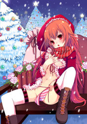 Rule 34 | 1girl, bad id, bad pixiv id, boots, breasts, center opening, christmas, crotch, flower, gradient hair, hase neet, head tilt, highres, long hair, multicolored hair, navel, open clothes, open shirt, orange hair, original, panties, red hair, rose, santa costume, scarf, shirt, side-tie panties, sitting, small breasts, snow, solo, spread legs, striped clothes, striped panties, striped scarf, thighhighs, tree, underwear, untied