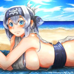 Rule 34 | 1girl, absurdres, bandana, beach, blue bandana, blue eyes, blue headwear, breasts, closed mouth, grey hair, hakurou (3941341), highres, kamoi (kancolle), kantai collection, large breasts, long hair, looking at viewer, lying, on stomach, sideboob, solo, upper body