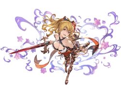 Rule 34 | 10s, 1girl, armband, bare shoulders, bikini, black bow, black thighhighs, blonde hair, bow, breasts, cleavage, collarbone, criss-cross halter, empty eyes, female focus, flower, full body, granblue fantasy, hair between eyes, hair bow, hair flower, hair ornament, halterneck, hibiscus, holding, holding sword, holding weapon, large breasts, leaning forward, long hair, looking at viewer, minaba hideo, official art, open mouth, orange bow, orange eyes, perspective, platform footwear, ponytail, purple ribbon, ribbon, sandals, sheath, sidelocks, smile, solo, swimsuit, sword, thighhighs, transparent background, unsheathed, vira (granblue fantasy), weapon