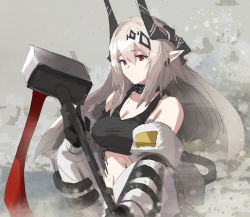 Rule 34 | 1girl, arknights, bare shoulders, black gloves, breasts, cleavage, closed mouth, collar, collarbone, gloves, grey background, grey hair, hair between eyes, hair ornament, holding, holding weapon, horns, infection monitor (arknights), large breasts, long hair, long sleeves, looking at viewer, material growth, mudrock (arknights), mudrock (elite ii) (arknights), navel, oripathy lesion (arknights), pointy ears, red eyes, solo, sports bra, upper body, very long hair, weapon, yu-ves