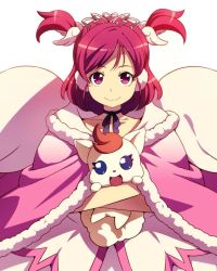 Rule 34 | 1girl, bad id, bad twitter id, black choker, capear, choker, closed mouth, coco (precure 5), creature, crown, earmuffs, holding, looking at viewer, precure, purple ribbon, red eyes, red hair, ribbon, ribbon choker, simple background, smile, solo, standing, tasaka shinnosuke, two side up, white background, yes! precure 5, yumehara nozomi