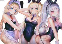 Rule 34 | 3girls, ak-12 (girls&#039; frontline), an-94 (girls&#039; frontline), animal ears, apron, aqua eyes, ass, bad id, bad twitter id, black gloves, black legwear, black neckwear, blonde hair, blue eyes, blush, bow, bowtie, braid, breasts, cleavage, closed mouth, confetti, covered navel, detached collar, fake animal ears, finger to mouth, fishnet legwear, fishnets, french braid, g36 (girls&#039; frontline), girls&#039; frontline, gloves, hair between eyes, hairband, half gloves, hanato (seonoaiko), hand in own hair, large breasts, leotard, long hair, looking at viewer, maid apron, maid headdress, medium breasts, multicolored hair, multiple girls, necktie, one eye closed, pantyhose, playboy bunny, purple eyes, rabbit ears, rabbit tail, red neckwear, ribbon, shushing, sidelocks, silver hair, simple background, sitting, smile, tail, twintails, very long hair, waist apron, white background, wrist cuffs