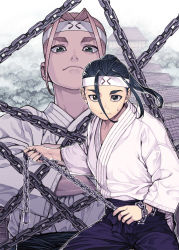 Rule 34 | 1boy, 1girl, black eyes, black hair, building, chain, character request, closed mouth, cowboy shot, crossed arms, forest, hamada yoshikazu, headband, holding, looking at viewer, multiple boys, nature, official art, orange hair, projected inset, siblings, smug, sweatdrop, tagusari takano, tagusari takumi, thick eyebrows, tsugumomo, wide sleeves