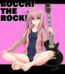 Rule 34 | 1girl, antenna hair, barefoot, blue hair, blue one-piece swimsuit, blush, bocchi the rock!, collarbone, copyright name, cube hair ornament, electric guitar, flick (sal23), full body, gotoh hitori, guitar, hair ornament, hand on own knee, highres, holding, holding guitar, holding instrument, indian style, instrument, looking at viewer, no nose, one-piece swimsuit, open mouth, pink background, pink hair, pink track suit, signature, sitting, solo, swimsuit